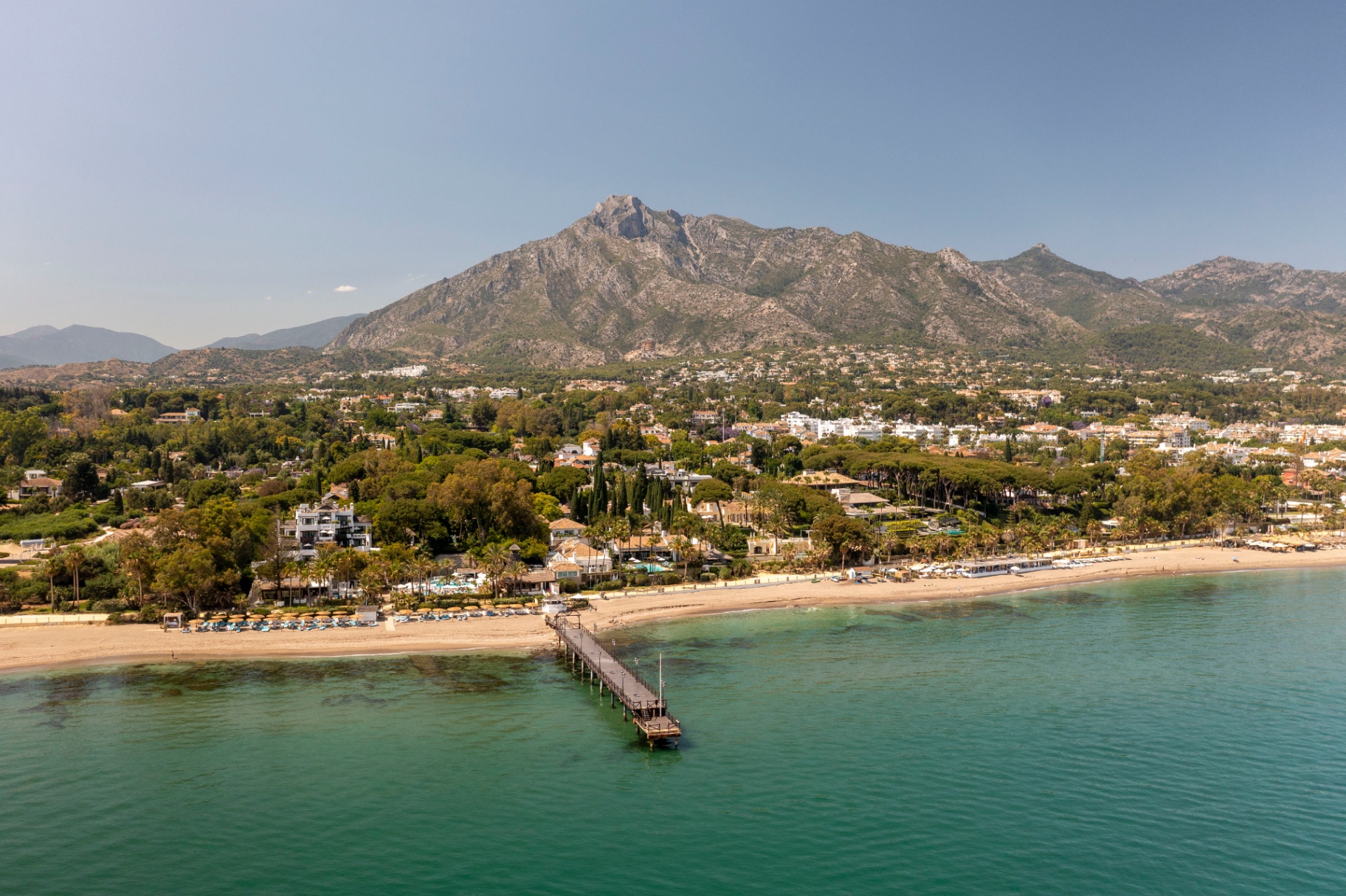 Aerial view of the Marbella Golden Mile beachfront and La Concha mountain, Costa del Sol.