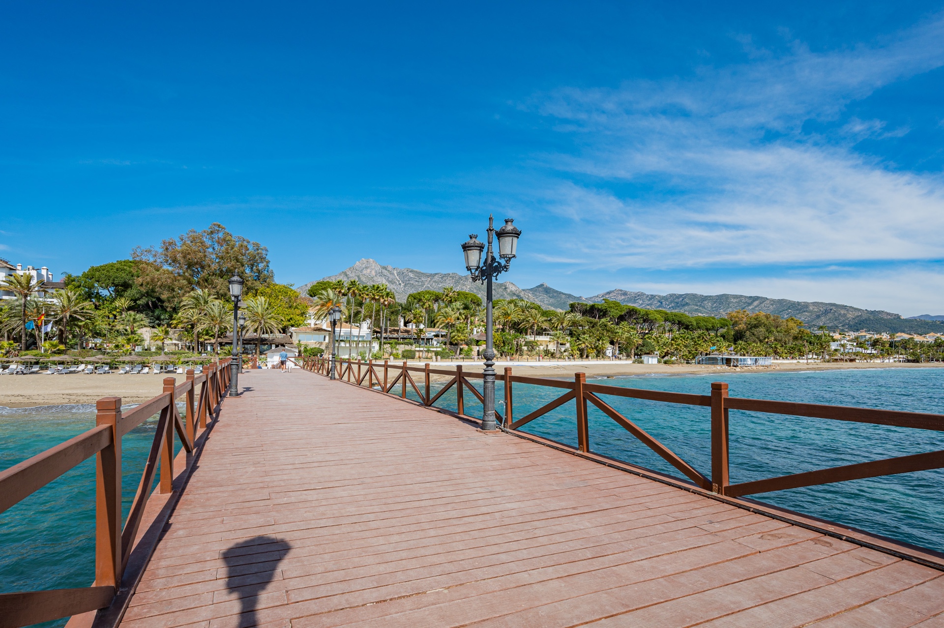 Palm lined seafront promenade beside a white villa on Marbella's Golden Mile